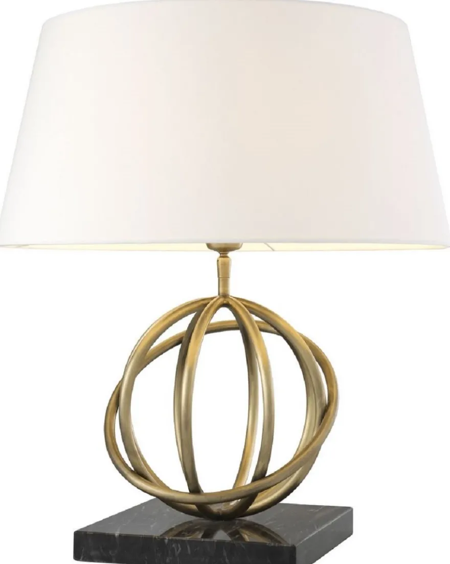 Casa Padrino Luxus Tischleuchte Antik Messing / Schwarz / Weiß Ø 50 x H. 57 cm - Messing Tischlampe mit Marmorsockel und rundem Lampenschirm