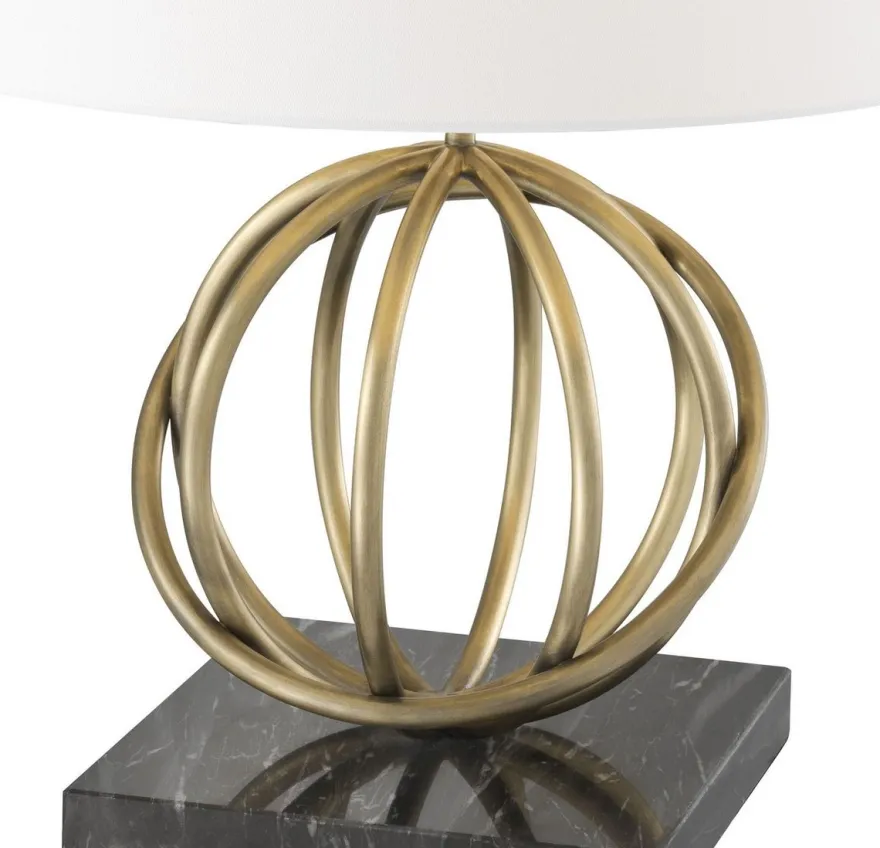 Casa Padrino Luxus Tischleuchte Antik Messing / Schwarz / Weiß Ø 50 x H. 57 cm - Messing Tischlampe mit Marmorsockel und rundem Lampenschirm