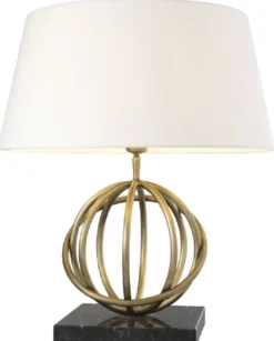 Casa Padrino Luxus Tischleuchte Antik Messing / Schwarz / Weiß Ø 50 x H. 57 cm - Messing Tischlampe mit Marmorsockel und rundem Lampenschirm