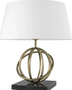 Casa Padrino Luxus Tischleuchte Antik Messing / Schwarz / Weiß Ø 50 x H. 57 cm - Messing Tischlampe mit Marmorsockel und rundem Lampenschirm