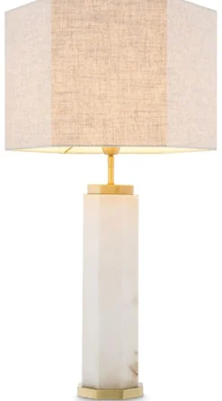 Casa Padrino Luxus Tischleuchte Weiß / Antik Messing / Grau 46 x 46 x H. 84,5 cm - Alabaster Schreibtischleuchte mit sechseckigem Lampenschirm - Luxus Tischleuchten - Luxus Schreibtischleuchten