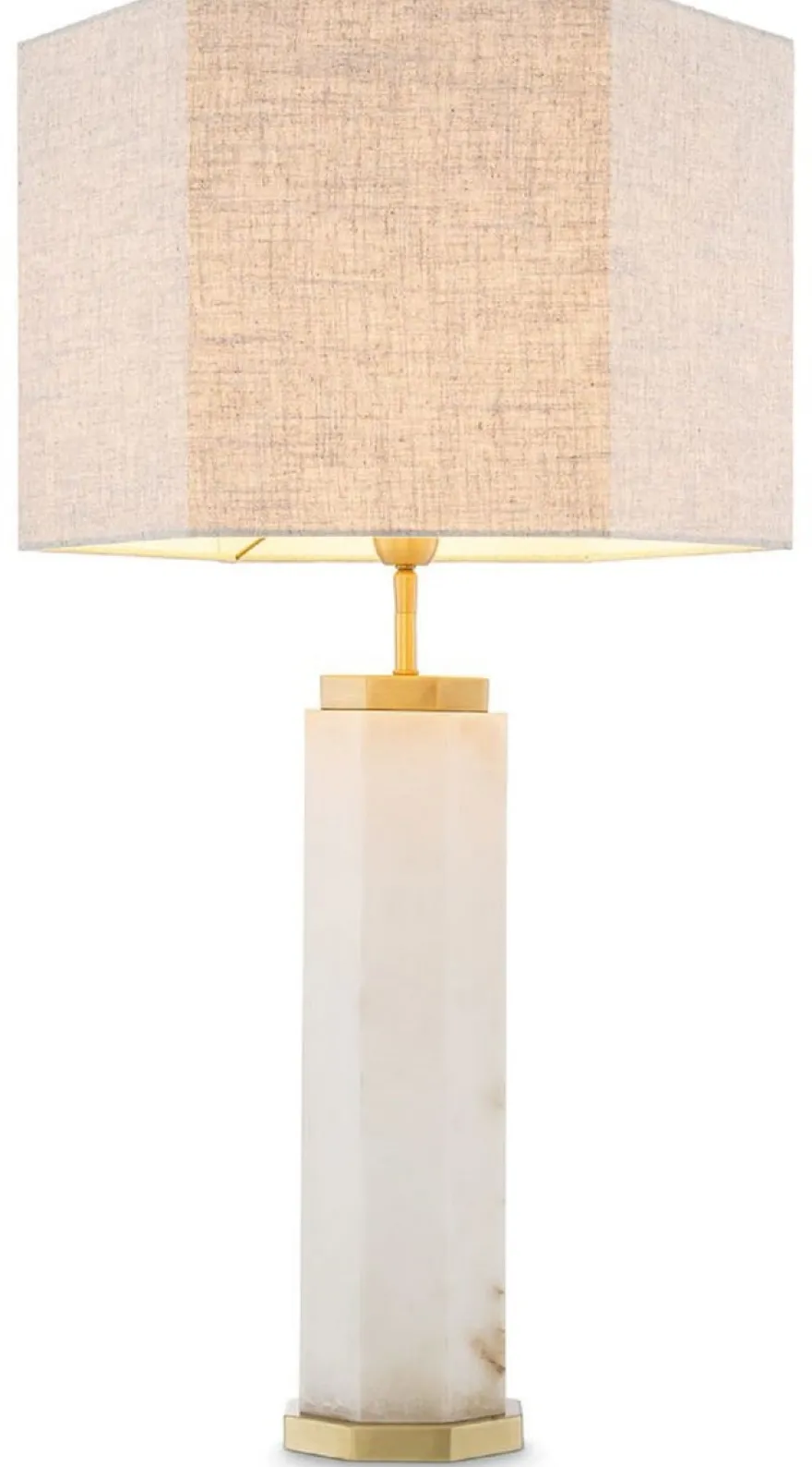 Casa Padrino Luxus Tischleuchte Weiß / Antik Messing / Grau 46 x 46 x H. 84,5 cm - Alabaster Schreibtischleuchte mit sechseckigem Lampenschirm - Luxus Tischleuchten - Luxus Schreibtischleuchten
