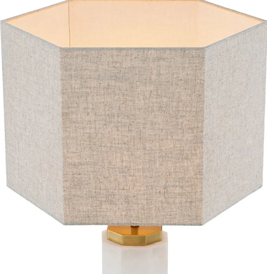 Casa Padrino Luxus Tischleuchte Weiß / Antik Messing / Grau 46 x 46 x H. 84,5 cm - Alabaster Schreibtischleuchte mit sechseckigem Lampenschirm - Luxus Tischleuchten - Luxus Schreibtischleuchten