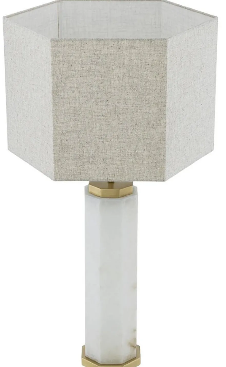 Casa Padrino Luxus Tischleuchte Weiß / Antik Messing / Grau 46 x 46 x H. 84,5 cm - Alabaster Schreibtischleuchte mit sechseckigem Lampenschirm - Luxus Tischleuchten - Luxus Schreibtischleuchten