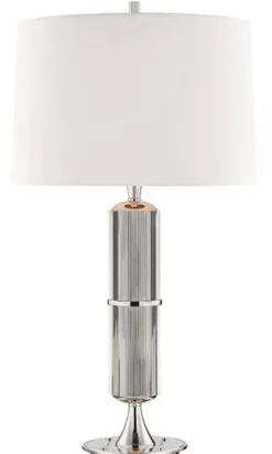 Casa Padrino Luxus Tischleuchte Silber / Weiß Ø 38 x H. 71 cm - Tischlampe mit rundem Leinen Lampenschirm