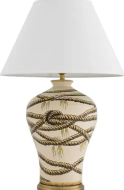 Casa Padrino Luxus Tischleuchte Beige / Antik Messingfarben / Weiß Ø 56 x H. 86 cm - Handbemalte Porzellan Tischlampe - Luxus Kollektion