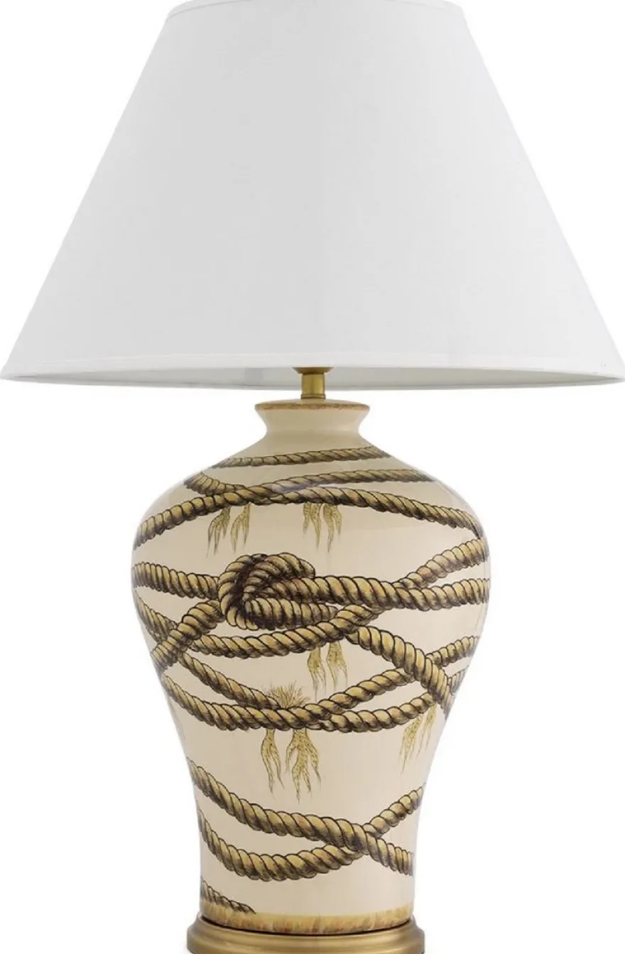Casa Padrino Luxus Tischleuchte Beige / Antik Messingfarben / Weiß Ø 56 x H. 86 cm - Handbemalte Porzellan Tischlampe - Luxus Kollektion