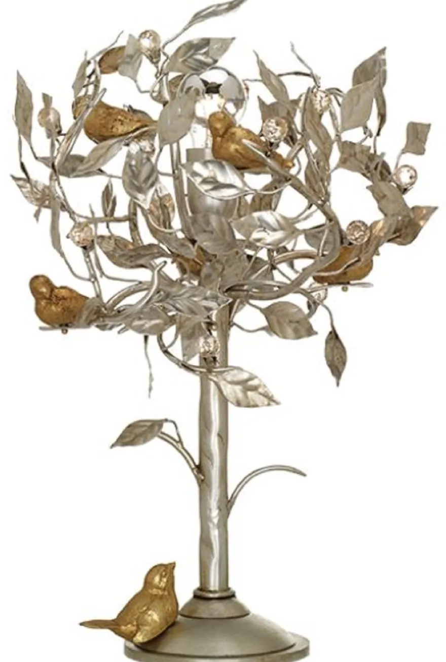 Casa Padrino Luxus Tischleuchte Baum & Vögel Silber / Gold Ø 36 x H. 56 cm - Moderne Metall Schreibtischleuchte mit Swarovski Kristallglas - Hotel & Restaurant Leuchte