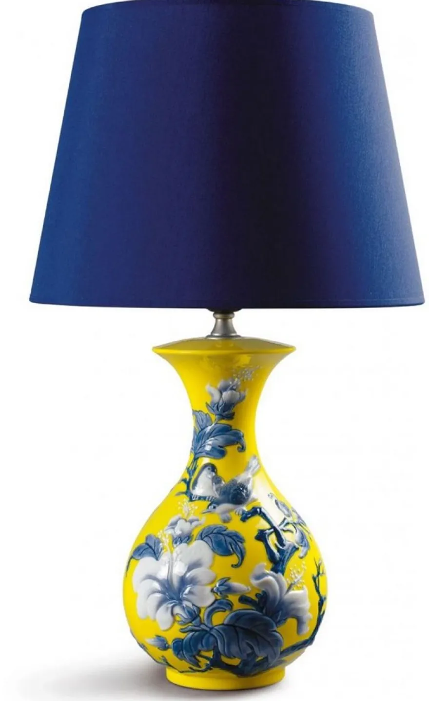 Casa Padrino Luxus Tischleuchte Spatzen & Blumen aus Porzellan Gelb Blau Weiß Ø 30 x H. 51 cm