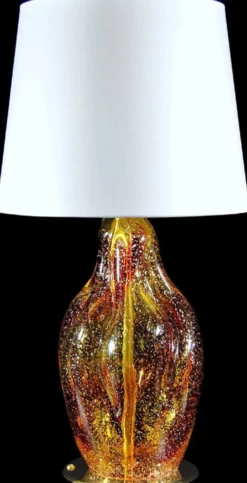 Casa Padrino Luxus Tischleuchte Rot / Gelb / Silber / Weiß Ø 20 x H. 40 cm - Glas Schreibtischleuchte mit rundem Lampenschirm - Glas Tischleuchten - Luxus Tischleuchten - Luxus Schreibtischleuchten