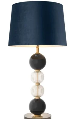 Casa Padrino Luxus Tischleuchte Antik Messing / Schwarz / Blau Ø 50 x H. 96 cm - Runde Wohnzimmerlampe mit Samt Lampenschirm