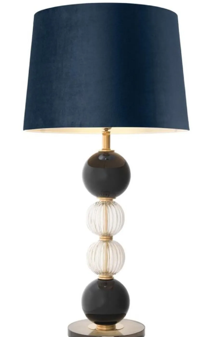 Casa Padrino Luxus Tischleuchte Antik Messing / Schwarz / Blau Ø 50 x H. 96 cm - Runde Wohnzimmerlampe mit Samt Lampenschirm