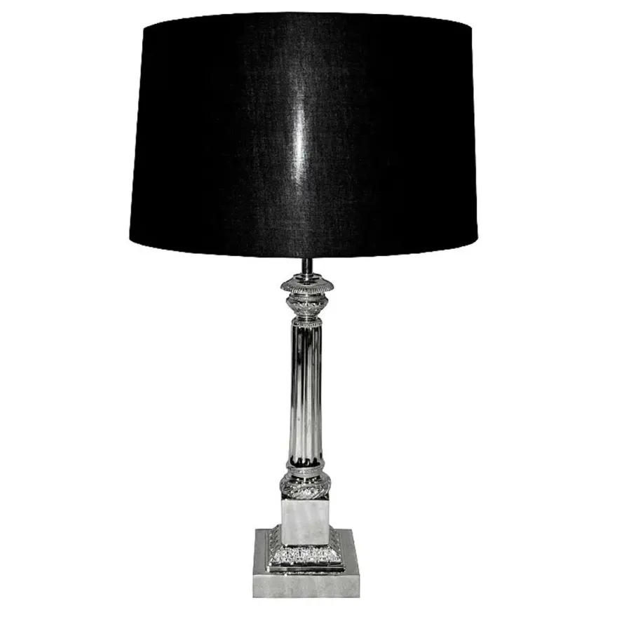 Casa Padrino Luxus Tischleuchte Silber / Schwarz 18 x 18 x H. 67 cm - Säulen Tischleuchte mit Lampenschirm