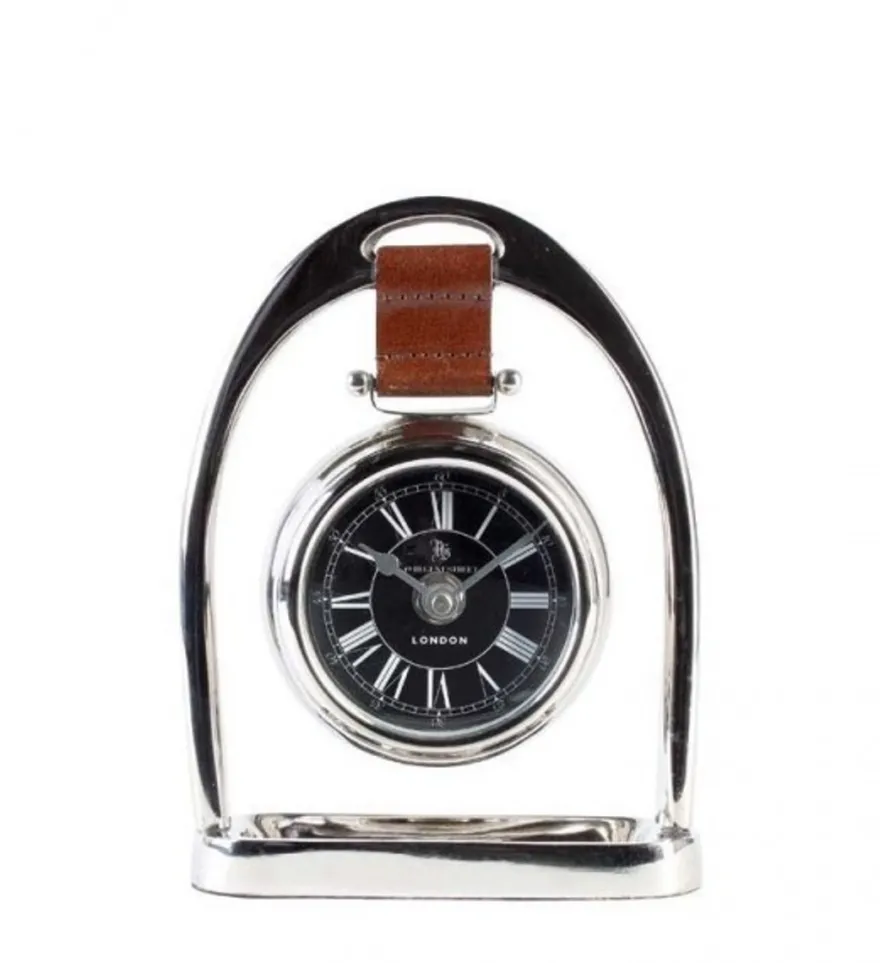 Casa Padrino Luxus Tischuhr 49 Regent Street London, vernickeltes Metall und braunes Leder, 18 x 5 x H. 24,5 cm