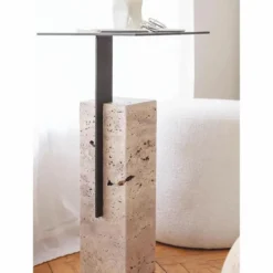 Casa Padrino Luxus Travertin Beistelltisch mit Metall Tischplatte Beige / Schwarz H. 70 cm