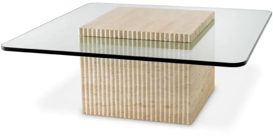 Casa Padrino Luxus Travertin Couchtisch Beige 90 x 90 x H. 35 cm - Quadratischer Naturstein Wohnzimmertisch mit Glasplatte - Wohnzimmer Möbel - Luxus Möbel - Luxus Einrichtung