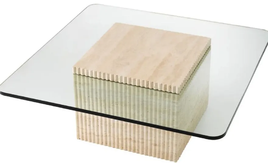 Casa Padrino Luxus Travertin Couchtisch Beige 90 x 90 x H. 35 cm - Quadratischer Naturstein Wohnzimmertisch mit Glasplatte - Wohnzimmer Möbel - Luxus Möbel - Luxus Einrichtung