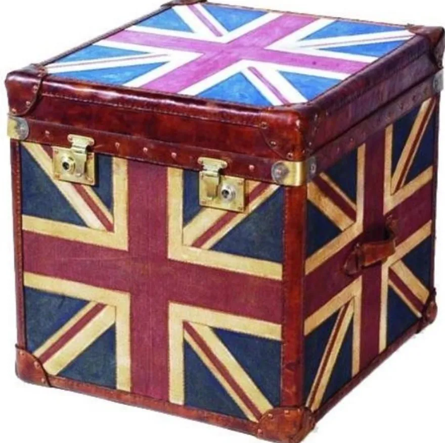 Casa Padrino Luxus Truhe im Union Jack Design, Mehrfarbig, 60 x 60 x H. 60 cm - Handgefertigte Echtleder Truhe