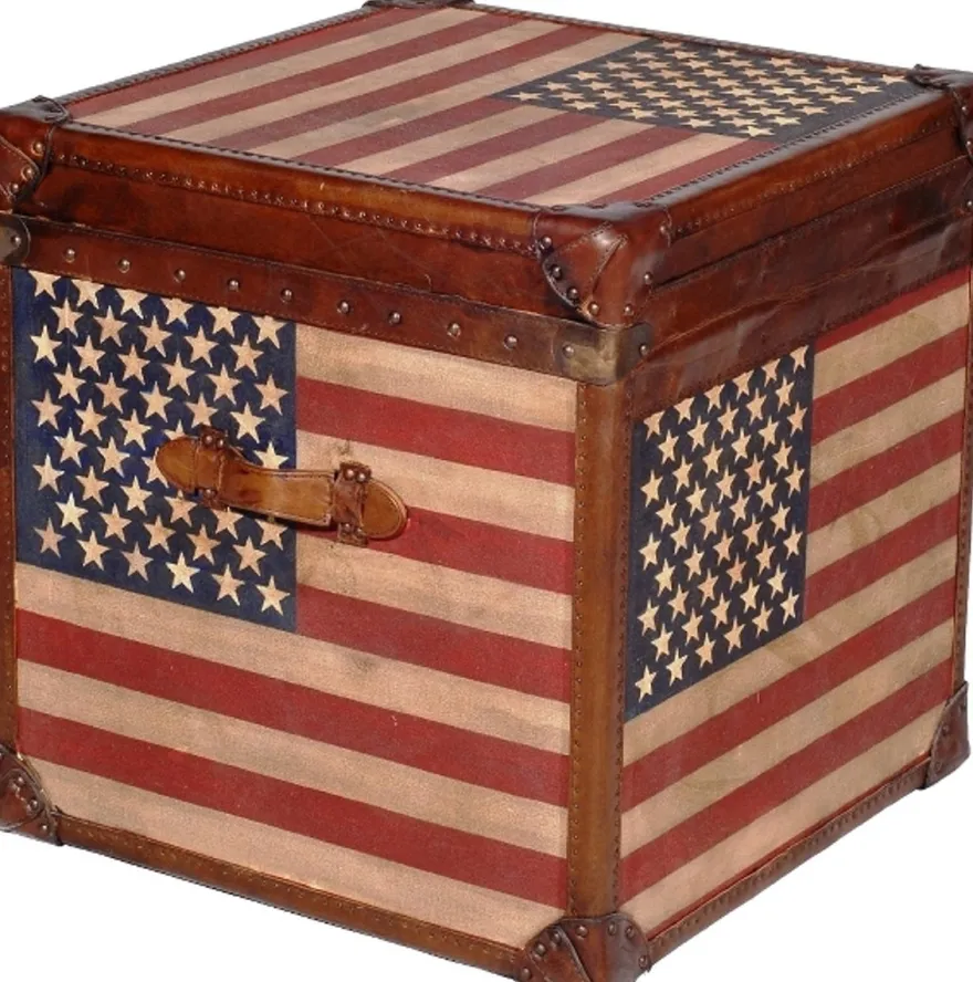 Casa Padrino Luxus Truhe Stars & Stripes Braun / Mehrfarbig 49 x 44 x H. 57 cm - Handgefertigte Echtleder Truhe im Kofferlook