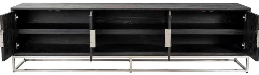 Casa Padrino Luxus TV Schrank Schwarz / Silber 220 x 42,5 x H. 60 cm - Massivholz Sideboard mit 4 Türen - Wohnzimmer Möbel - Hotel Möbel - Luxus Kollektion