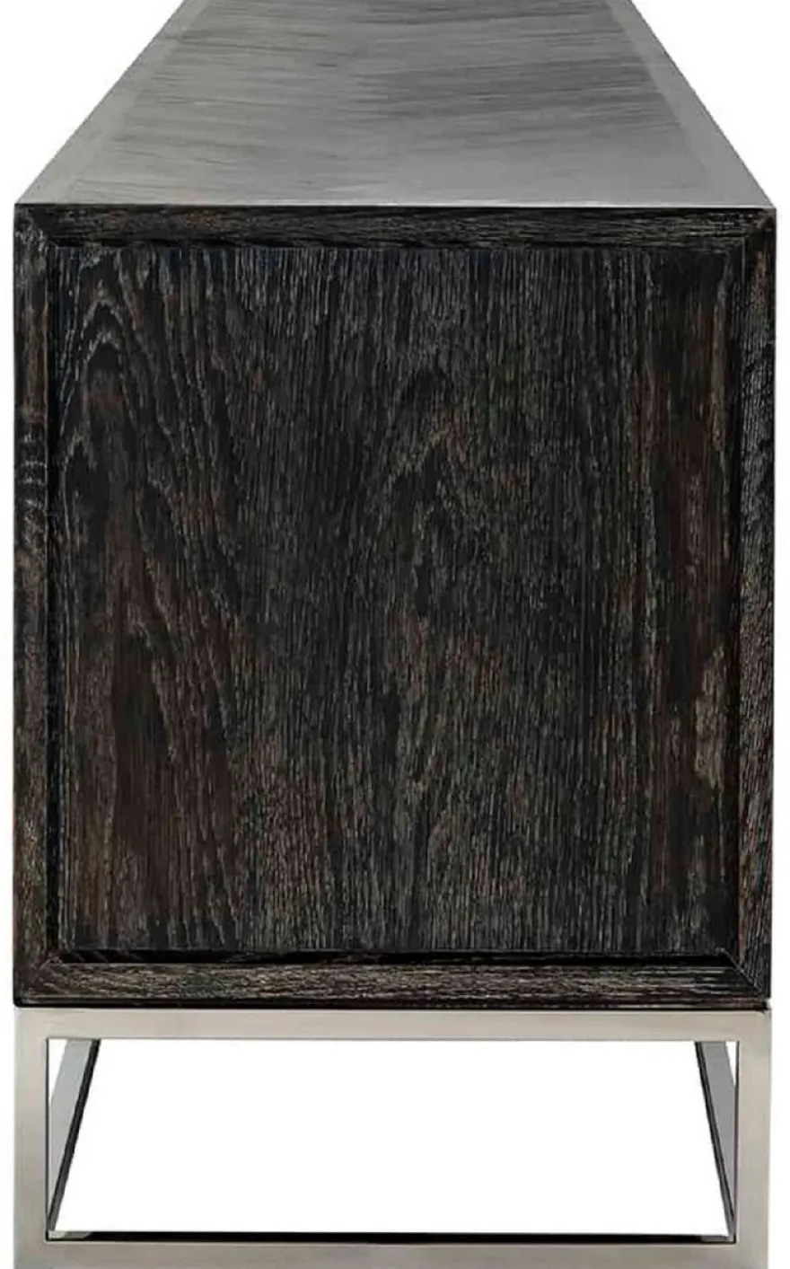 Casa Padrino Luxus TV Schrank Schwarz / Silber 220 x 42,5 x H. 60 cm - Massivholz Sideboard mit 4 Türen - Wohnzimmer Möbel - Hotel Möbel - Luxus Kollektion