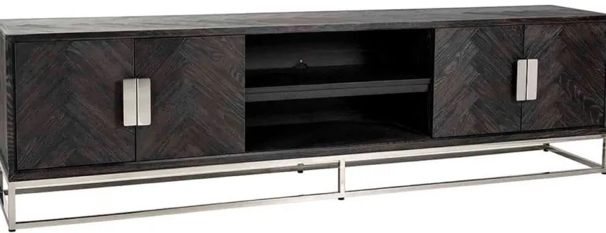 Casa Padrino Luxus TV Schrank Schwarz / Silber 220 x 42,5 x H. 60 cm - Massivholz Sideboard mit 4 Türen - Wohnzimmer Möbel - Hotel Möbel - Luxus Kollektion