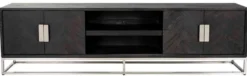 Casa Padrino Luxus TV Schrank Schwarz / Silber 220 x 42,5 x H. 60 cm - Massivholz Sideboard mit 4 Türen - Wohnzimmer Möbel - Hotel Möbel - Luxus Kollektion