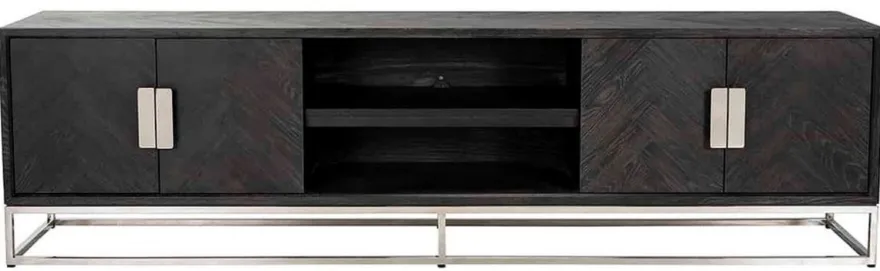 Casa Padrino Luxus TV Schrank Schwarz / Silber 220 x 42,5 x H. 60 cm - Massivholz Sideboard mit 4 Türen - Wohnzimmer Möbel - Hotel Möbel - Luxus Kollektion