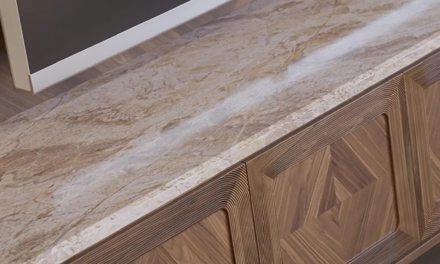 Casa Padrino Luxus TV Schrank Set Braun / Beige / Messing - Wohnzimmer Sideboard mit 4 Türen & beleuchteter TV Rückwand - Wohnzimmer Möbel - Hotel Möbel - Luxus Möbel
