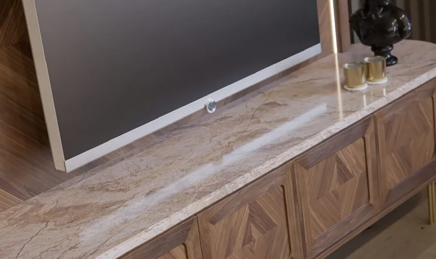 Casa Padrino Luxus TV Schrank Set Braun / Beige / Messing - Wohnzimmer Sideboard mit 4 Türen & beleuchteter TV Rückwand - Wohnzimmer Möbel - Hotel Möbel - Luxus Möbel