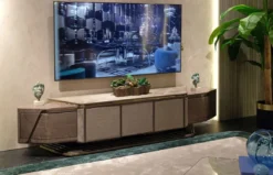 Casa Padrino Luxus TV Schrank Grau / Gold 251 x 50 x H. 58 cm - Massivholz Sideboard mit 5 Türen - Wohnzimmer Möbel - Luxus Möbel - Luxus Einrichtung
