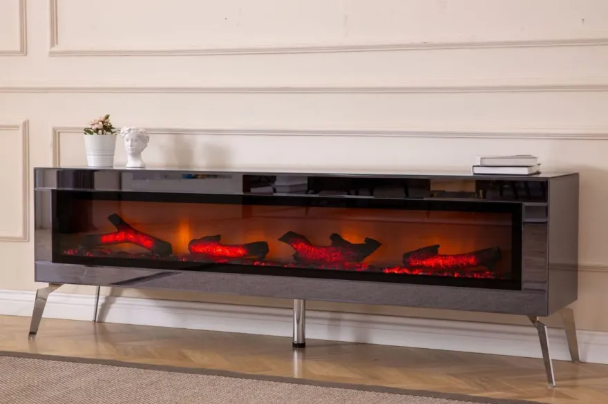 Casa Padrino Luxus TV Schrank mit LED Elektrokamin und Fernbedienung Silber 180 cm