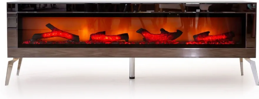 Casa Padrino Luxus TV Schrank mit LED Elektrokamin und Fernbedienung Silber 180 cm