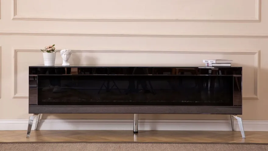 Casa Padrino Luxus TV Schrank mit LED Elektrokamin und Fernbedienung Silber 180 cm