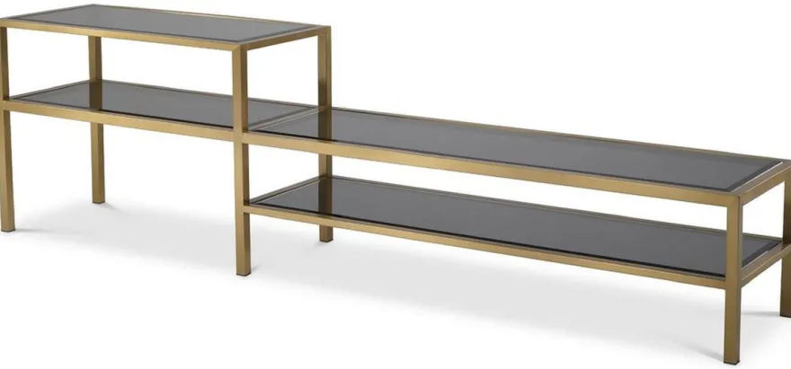 Casa Padrino Luxus TV Schrank Messingfarben / Grau 230 x 45,5 x H. 65 cm - Edelstahl Sideboard mit getönten Glasplatten - Luxus Wohnzimmer Möbel