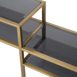 Casa Padrino Luxus TV Schrank Messingfarben / Grau 230 x 45,5 x H. 65 cm - Edelstahl Sideboard mit getönten Glasplatten - Luxus Wohnzimmer Möbel