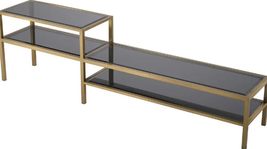 Casa Padrino Luxus TV Schrank Messingfarben / Grau 230 x 45,5 x H. 65 cm - Edelstahl Sideboard mit getönten Glasplatten - Luxus Wohnzimmer Möbel