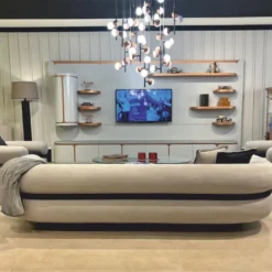 Casa Padrino Luxus TV Schrank Weiß / Grau / Kupfer 430 cm - Wohnzimmer & Hotel Möbel