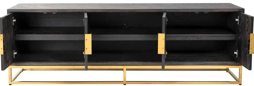 Casa Padrino Luxus TV Schrank Schwarz / Gold 185 x 42,5 x H. 60 cm - Massivholz Sideboard mit 4 Türen - Wohnzimmer Möbel - Hotel Möbel - Luxus Kollektion