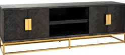 Casa Padrino Luxus TV Schrank Schwarz / Gold 185 x 42,5 x H. 60 cm - Massivholz Sideboard mit 4 Türen - Wohnzimmer Möbel - Hotel Möbel - Luxus Kollektion