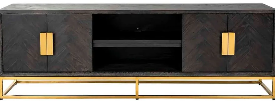 Casa Padrino Luxus TV Schrank Schwarz / Gold 185 x 42,5 x H. 60 cm - Massivholz Sideboard mit 4 Türen - Wohnzimmer Möbel - Hotel Möbel - Luxus Kollektion