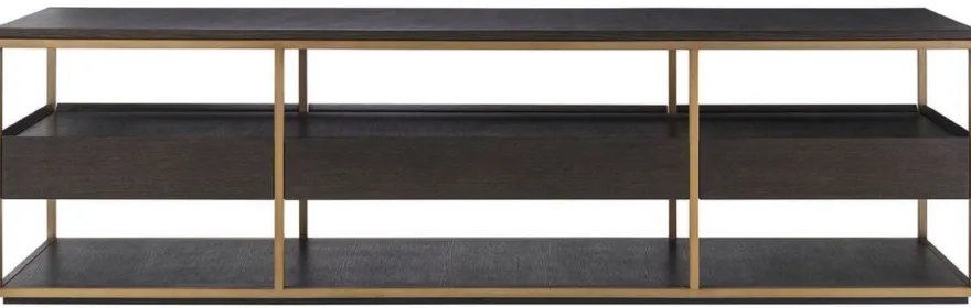 Casa Padrino Luxus TV Schrank Mokka / Messing 220 x 55 x H. 61 cm - Massivholz Sideboard mit 3 Schubladen - Wohnzimmer Möbel - Hotel Möbel - Luxus Kollektion