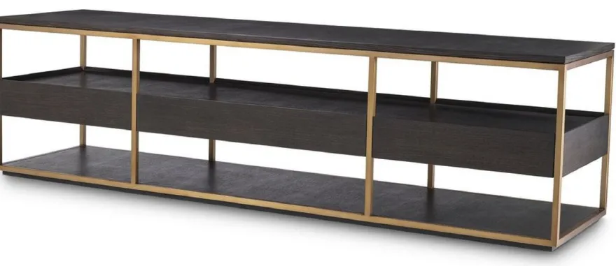 Casa Padrino Luxus TV Schrank Mokka / Messing 220 x 55 x H. 61 cm - Massivholz Sideboard mit 3 Schubladen - Wohnzimmer Möbel - Hotel Möbel - Luxus Kollektion