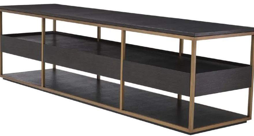 Casa Padrino Luxus TV Schrank Mokka / Messing 220 x 55 x H. 61 cm - Massivholz Sideboard mit 3 Schubladen - Wohnzimmer Möbel - Hotel Möbel - Luxus Kollektion