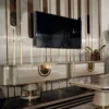 Casa Padrino Luxus TV Schrank Grau / Gold 250 x 52 x H. 50 cm - Massivholz Sideboard mit edler Kunstmarmor Platte - Wohnzimmer Möbel - Luxus Möbel - Luxus Einrichtung