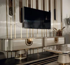 Casa Padrino Luxus TV Schrank Grau / Gold 250 x 52 x H. 50 cm - Massivholz Sideboard mit edler Kunstmarmor Platte - Wohnzimmer Möbel - Luxus Möbel - Luxus Einrichtung