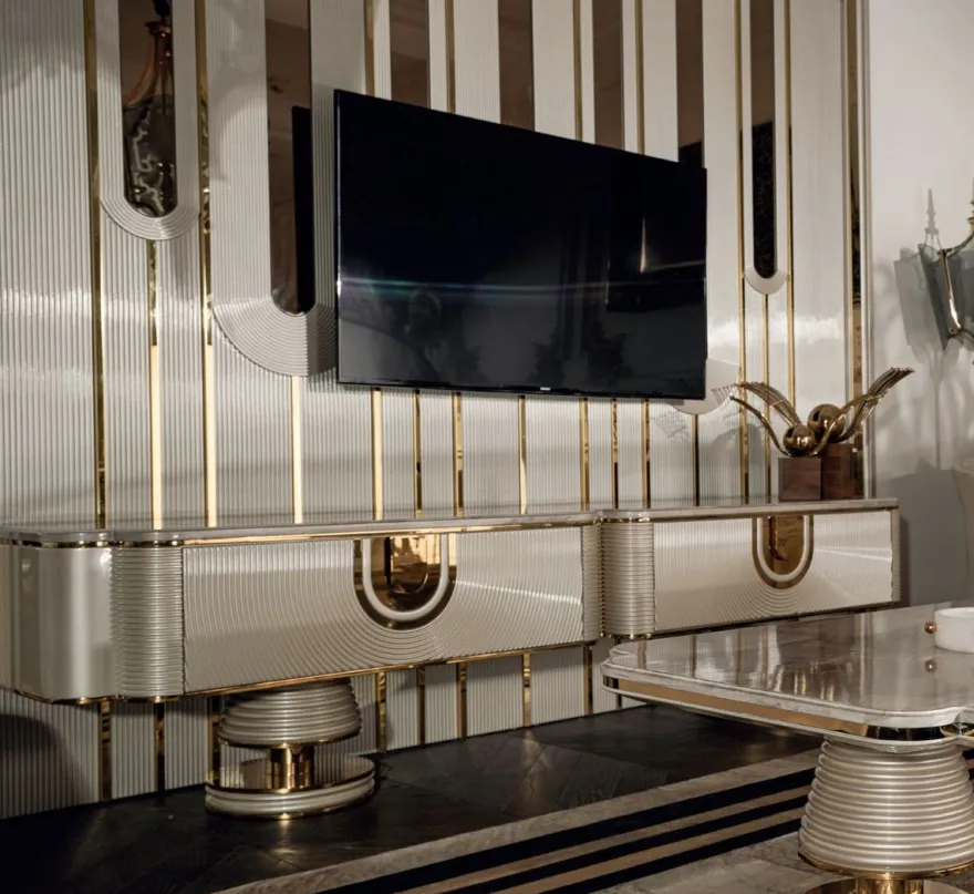 Casa Padrino Luxus TV Schrank Grau / Gold 250 x 52 x H. 50 cm - Massivholz Sideboard mit edler Kunstmarmor Platte - Wohnzimmer Möbel - Luxus Möbel - Luxus Einrichtung
