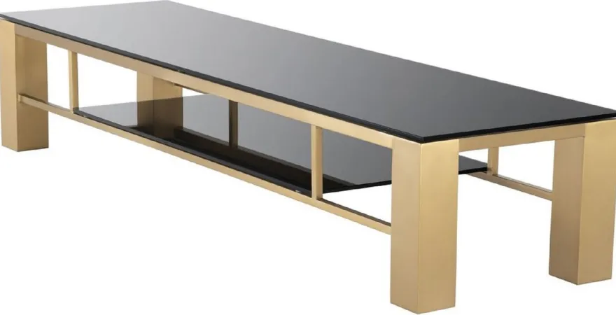 Casa Padrino Luxus TV Schrank Messingfarben / Schwarz 195 x 55 x H. 38 cm - Edelstahl Sideboard mit Glasplatten - Luxus Wohnzimmer Möbel