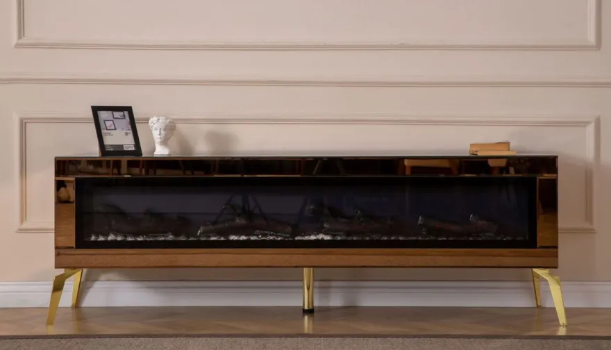 Casa Padrino Luxus TV Schrank mit LED Elektrokamin und Fernbedienung Gold 180 cm