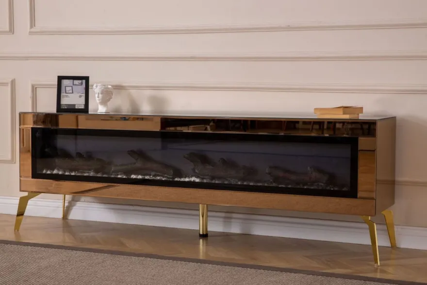 Casa Padrino Luxus TV Schrank mit LED Elektrokamin und Fernbedienung Gold 180 cm